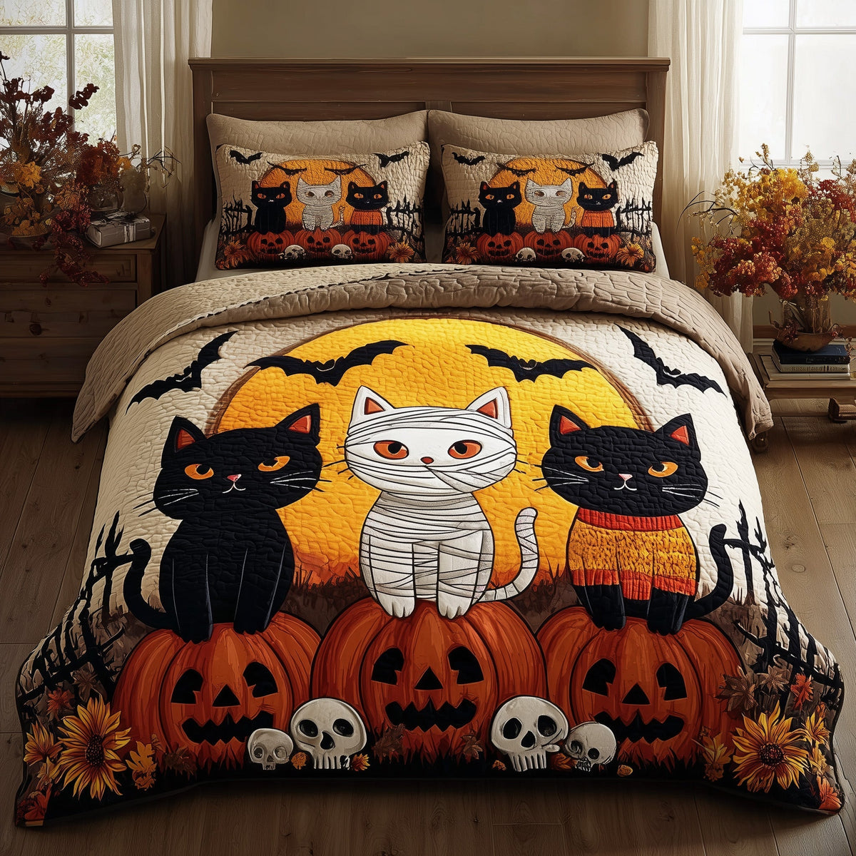 Midnight Cat 3-Piece Quilted Bedding Set GFTOMA4080