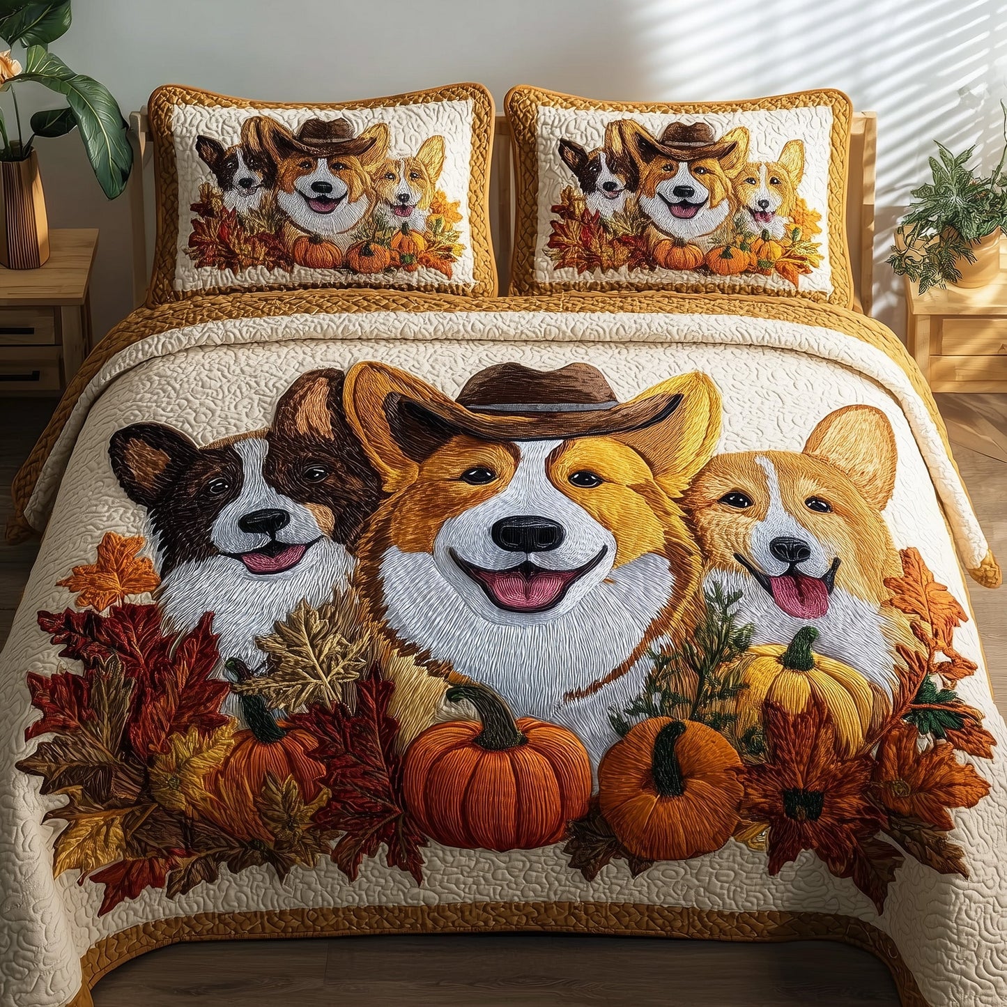 Autumn Corgi 3-Piece Quilted Bedding Set GFTOMA4096