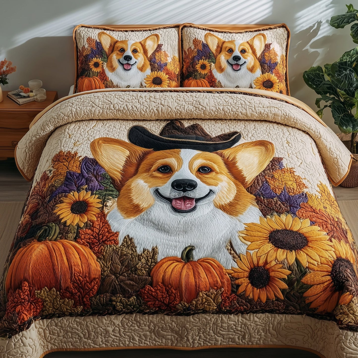 Autumn Corgi 3-Piece Quilted Bedding Set GFTOMA4097