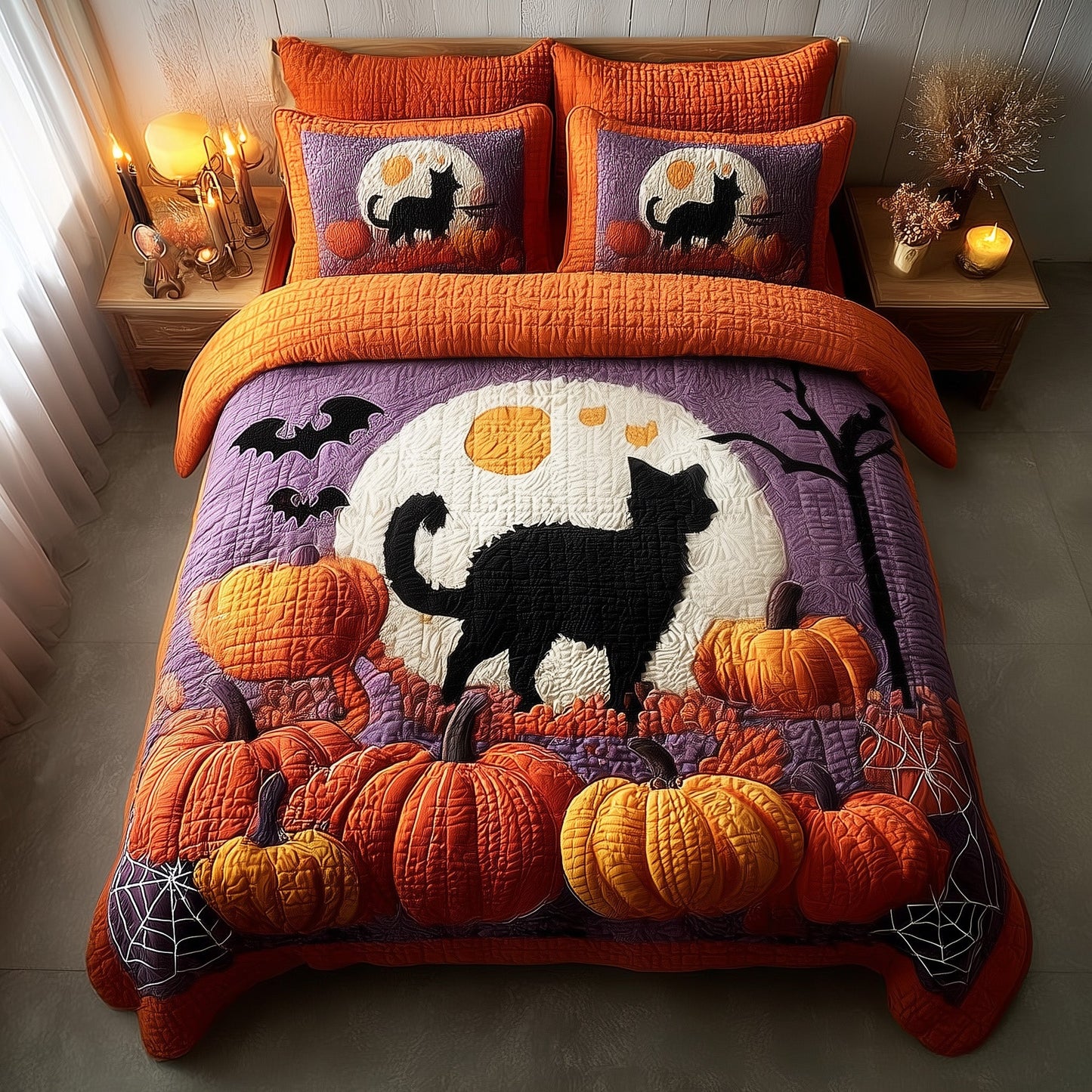Spooky Black Cat 3-Piece Quilted Bedding Set GFTOMA4136