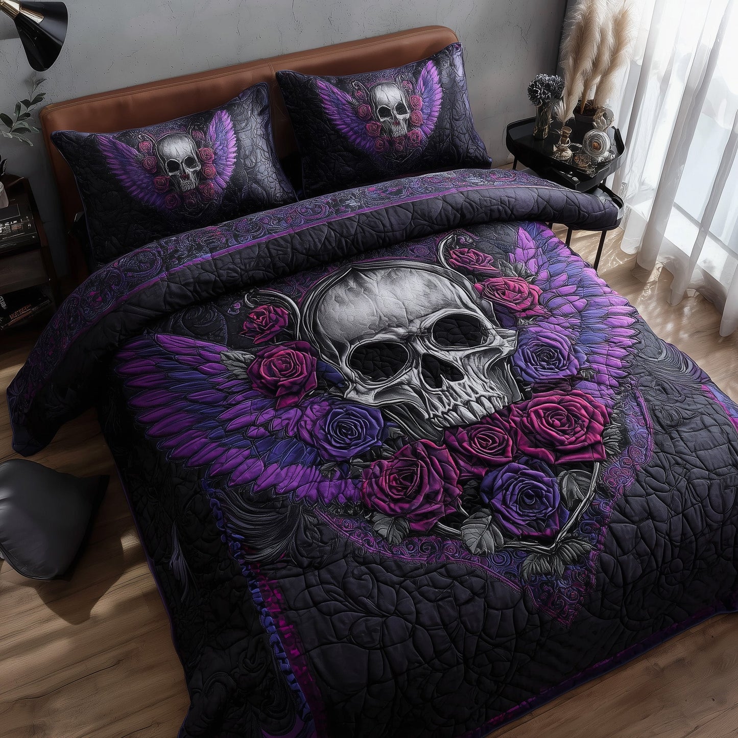 Roses Sugar Skull 3-Piece Quilted Bedding Set GFTOMA4298