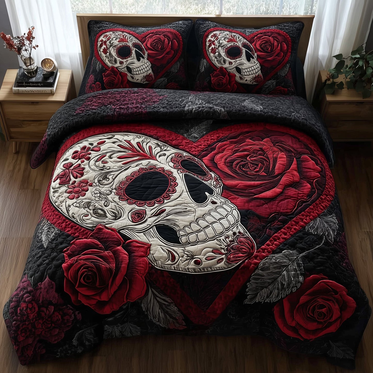 Roses Sugar Skull 3-Piece Quilted Bedding Set GFTOMA4299