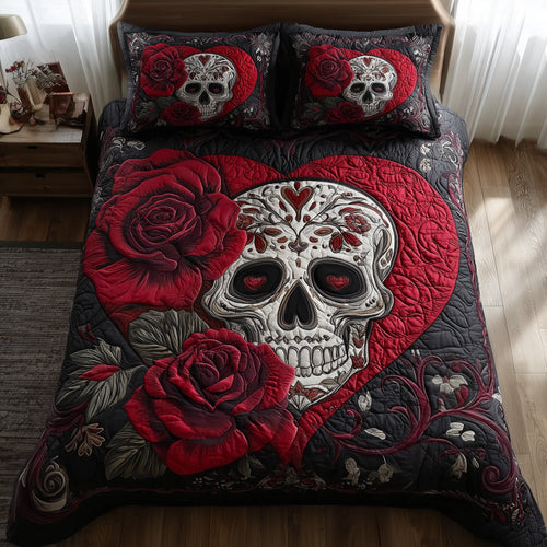 Roses Sugar Skull 3-Piece Quilted Bedding Set GFTOMA4300