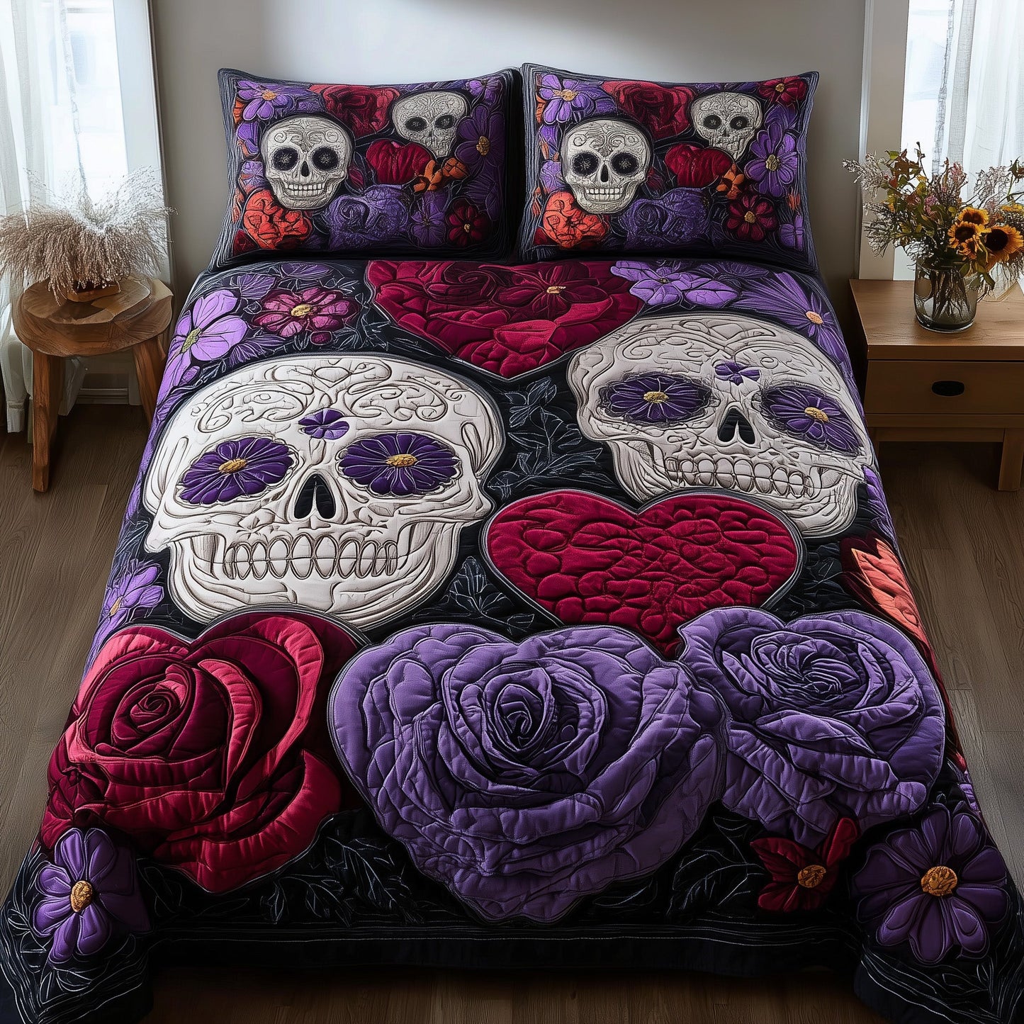 Roses Sugar Skull 3-Piece Quilted Bedding Set GFTOMA4301