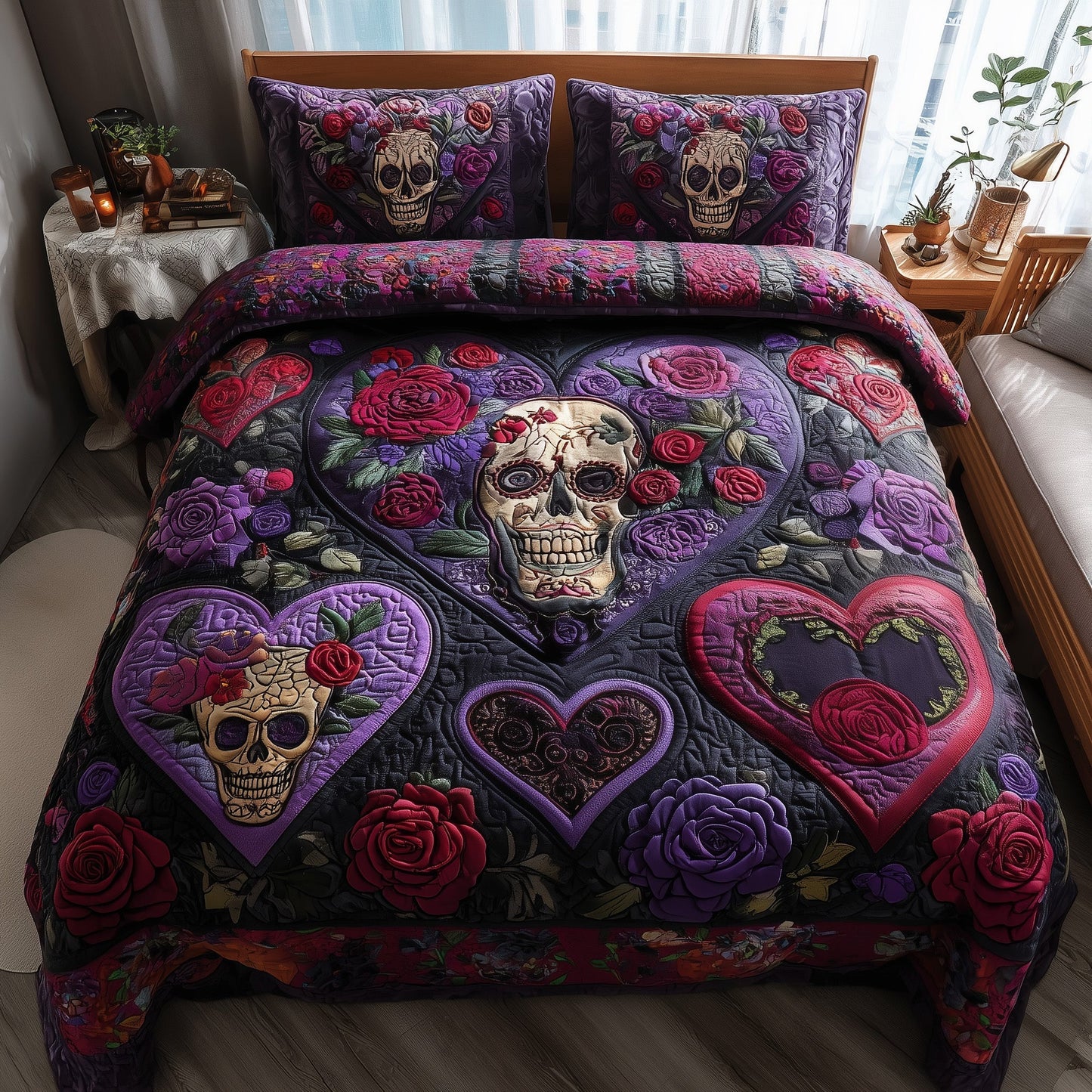 Roses Sugar Skull 3-Piece Quilted Bedding Set GFTOMA4302