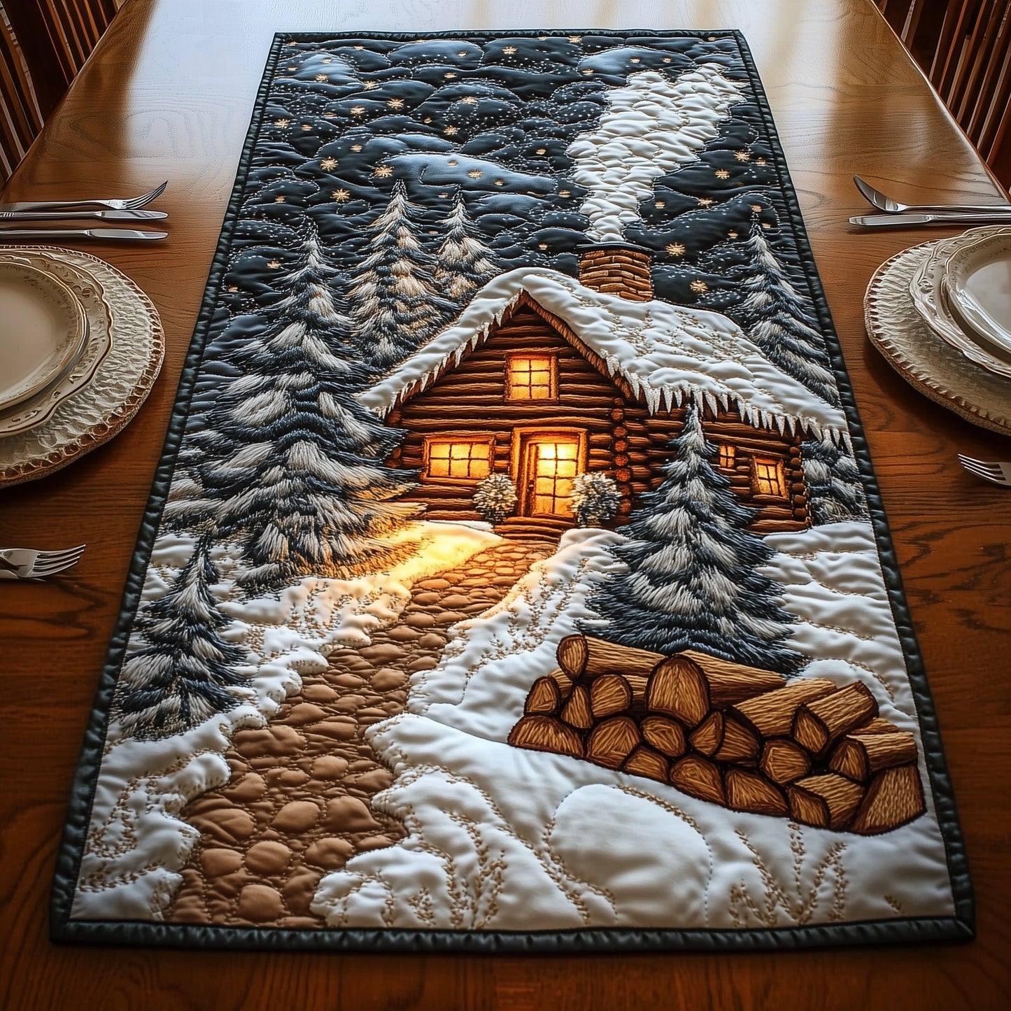 Winter Cabin Quilted Table Runner GFTOMA5341