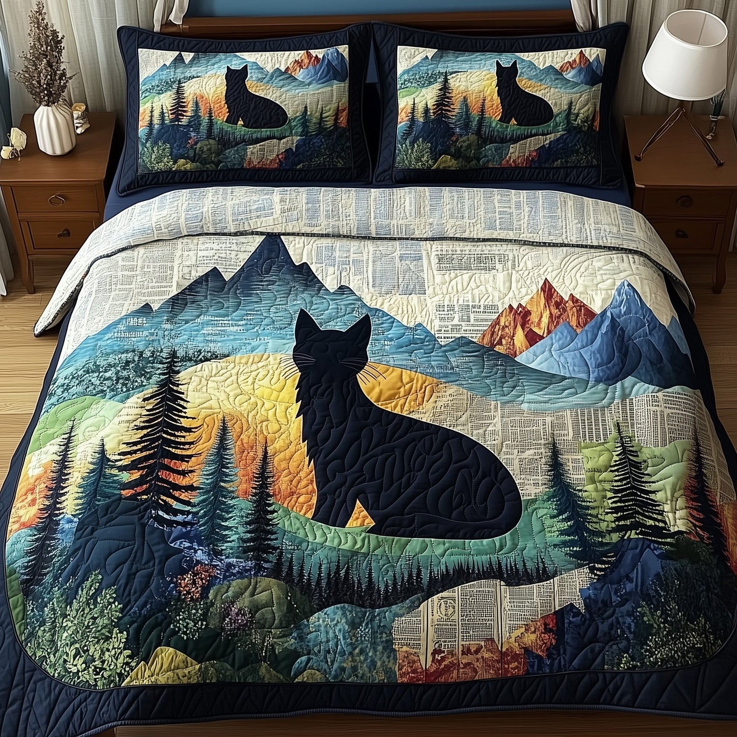 Dreamy Night Cat 3-Piece Quilted Bedding Set GFTOMA646