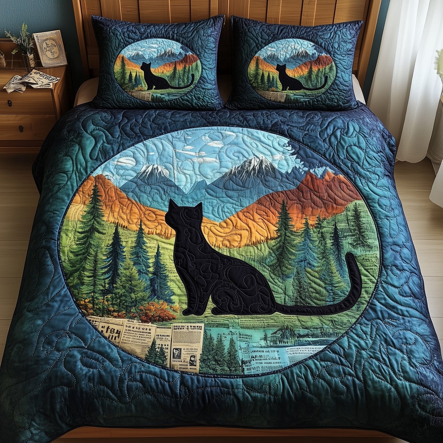 Dreamy Night Cat 3-Piece Quilted Bedding Set GFTOMA648