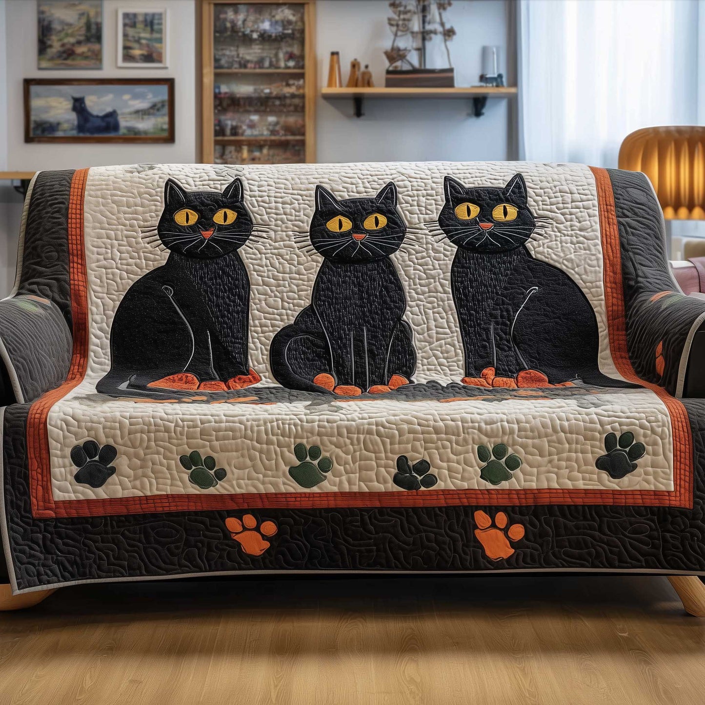Black Cat Quilted Sofa Cover GFTOMA6599