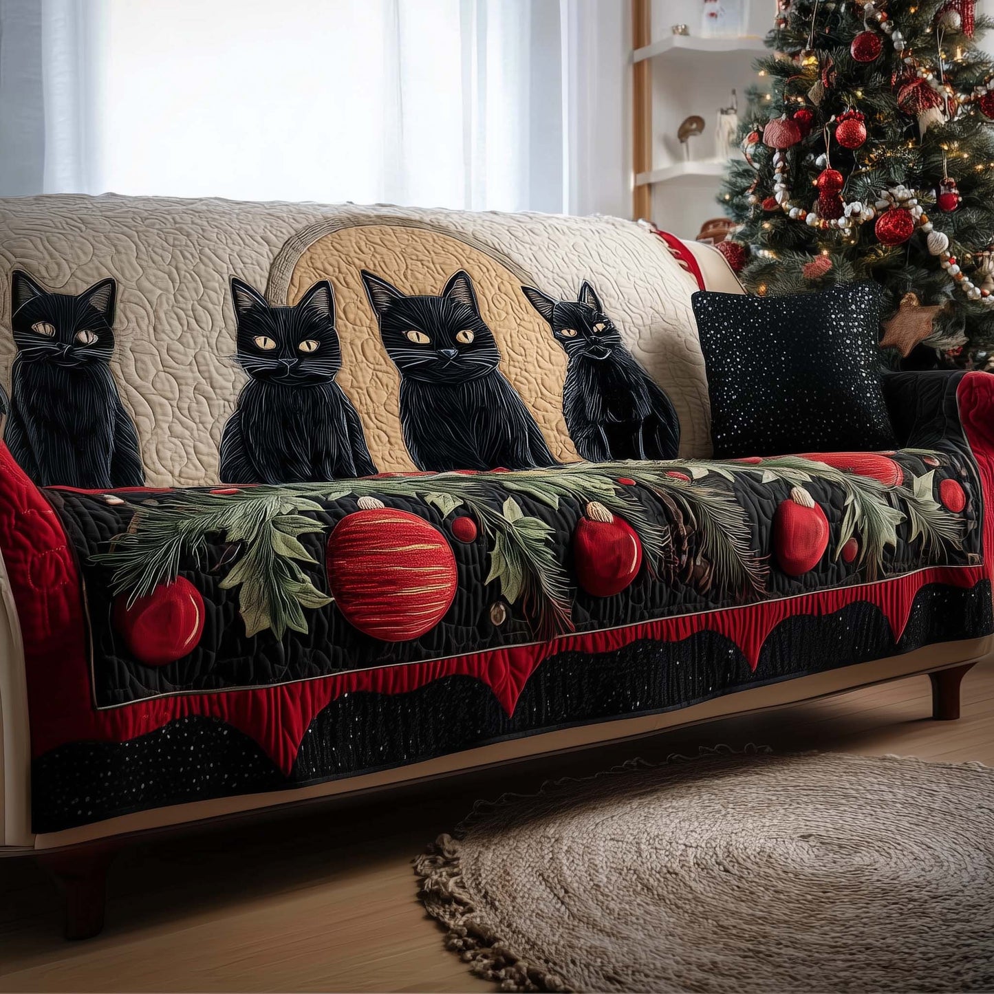 Black Cat Quilted Sofa Cover GFTOMA7658