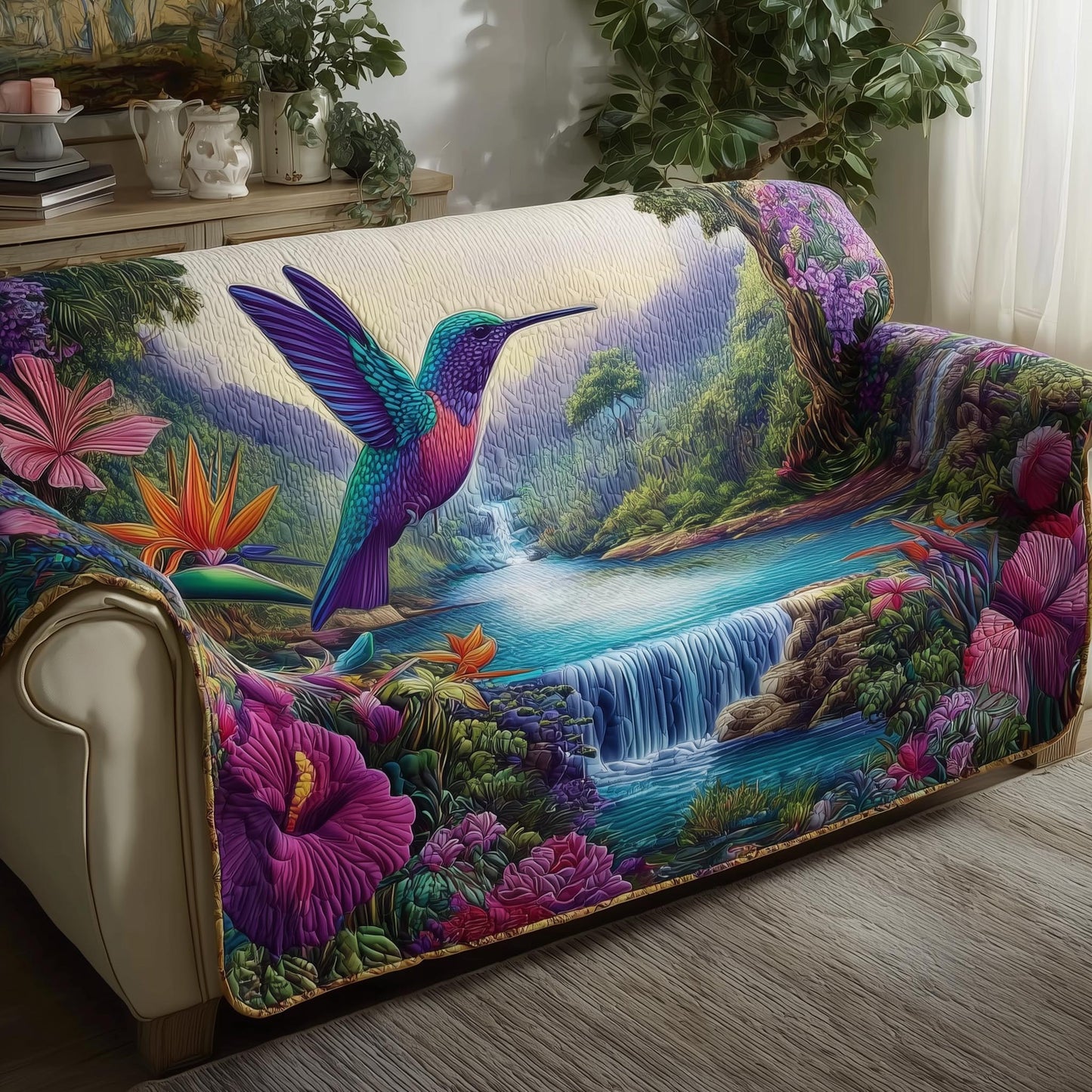 Hummingbird Blossom Quilted Sofa Cover GFTOMA8399