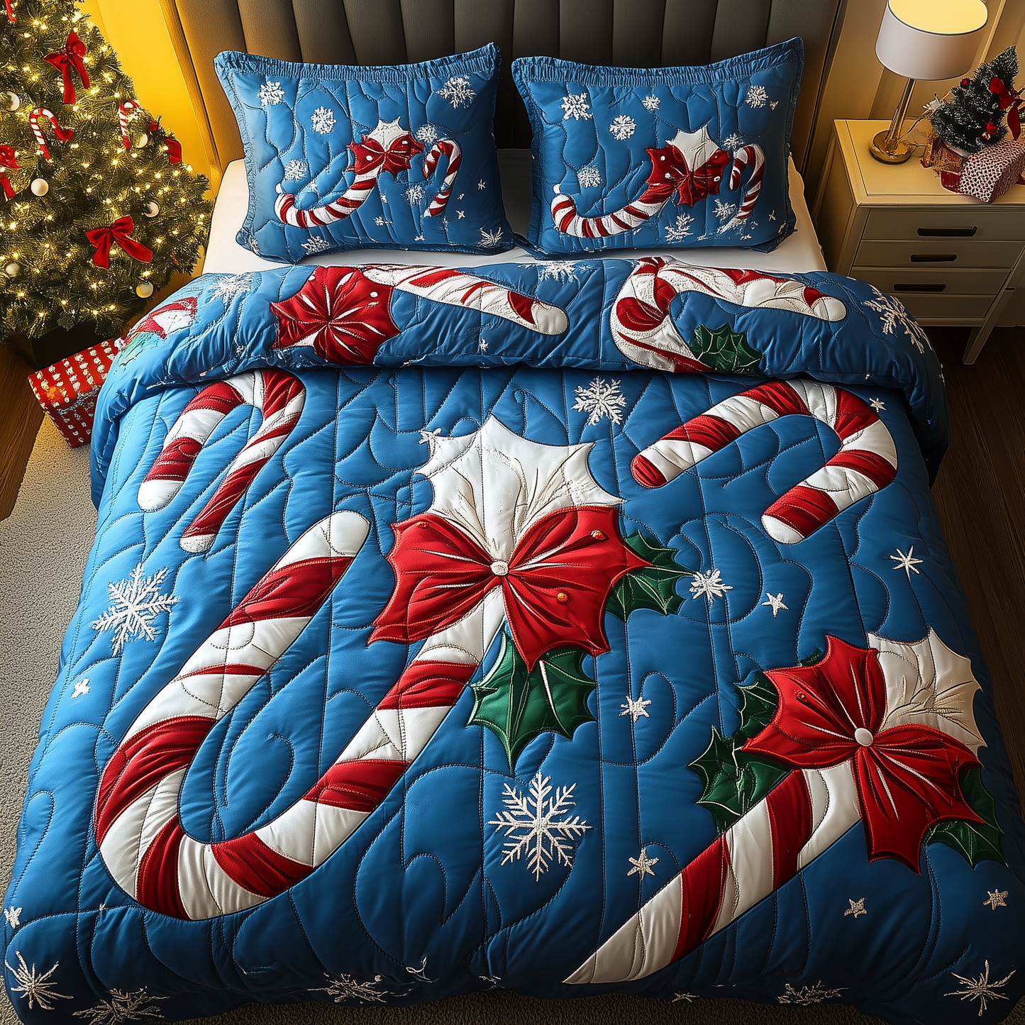 Cheerful Candy Cane 3-Piece Quilted Bedding Set GFTONL1520