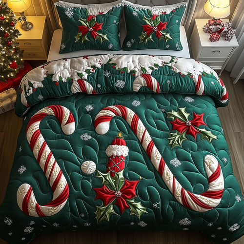 Cheerful Candy Cane 3-Piece Quilted Bedding Set GFTONL1526
