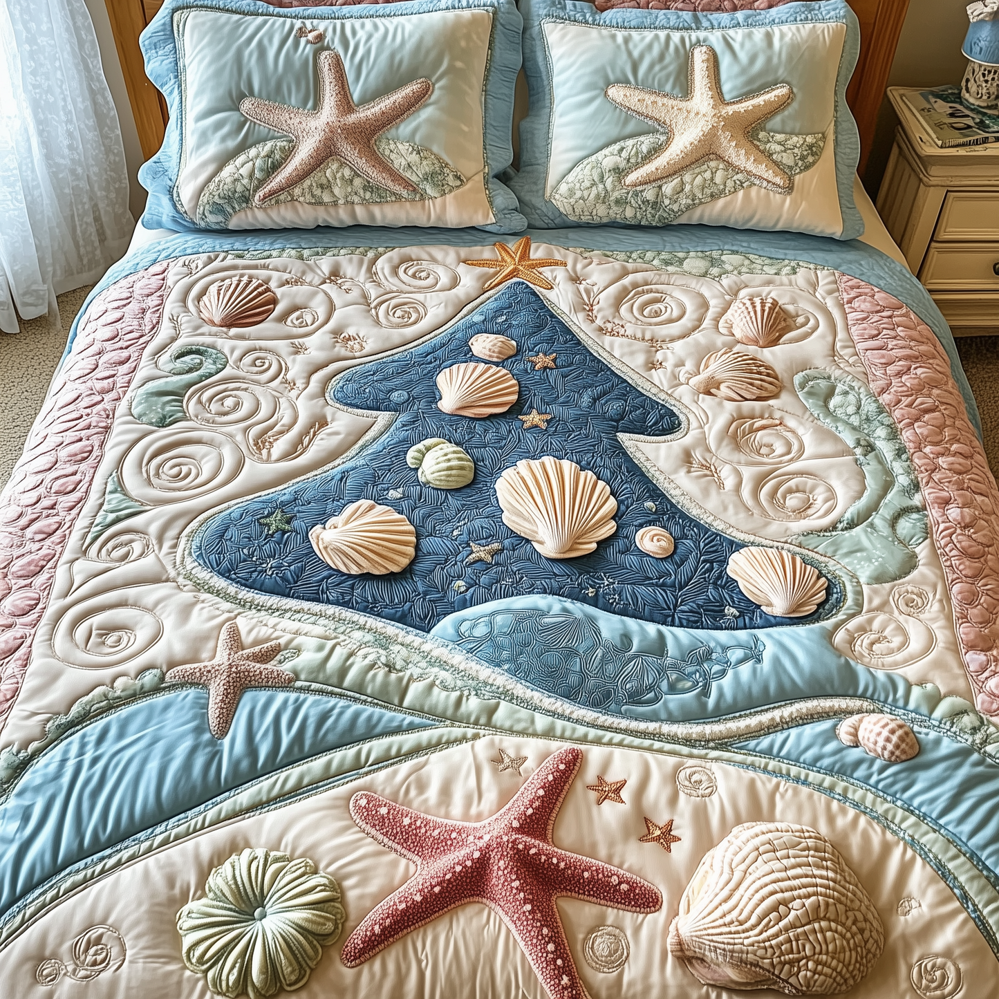 Costal Christmas Tree 3-Piece Quilted Bedding Set GFTONL1567