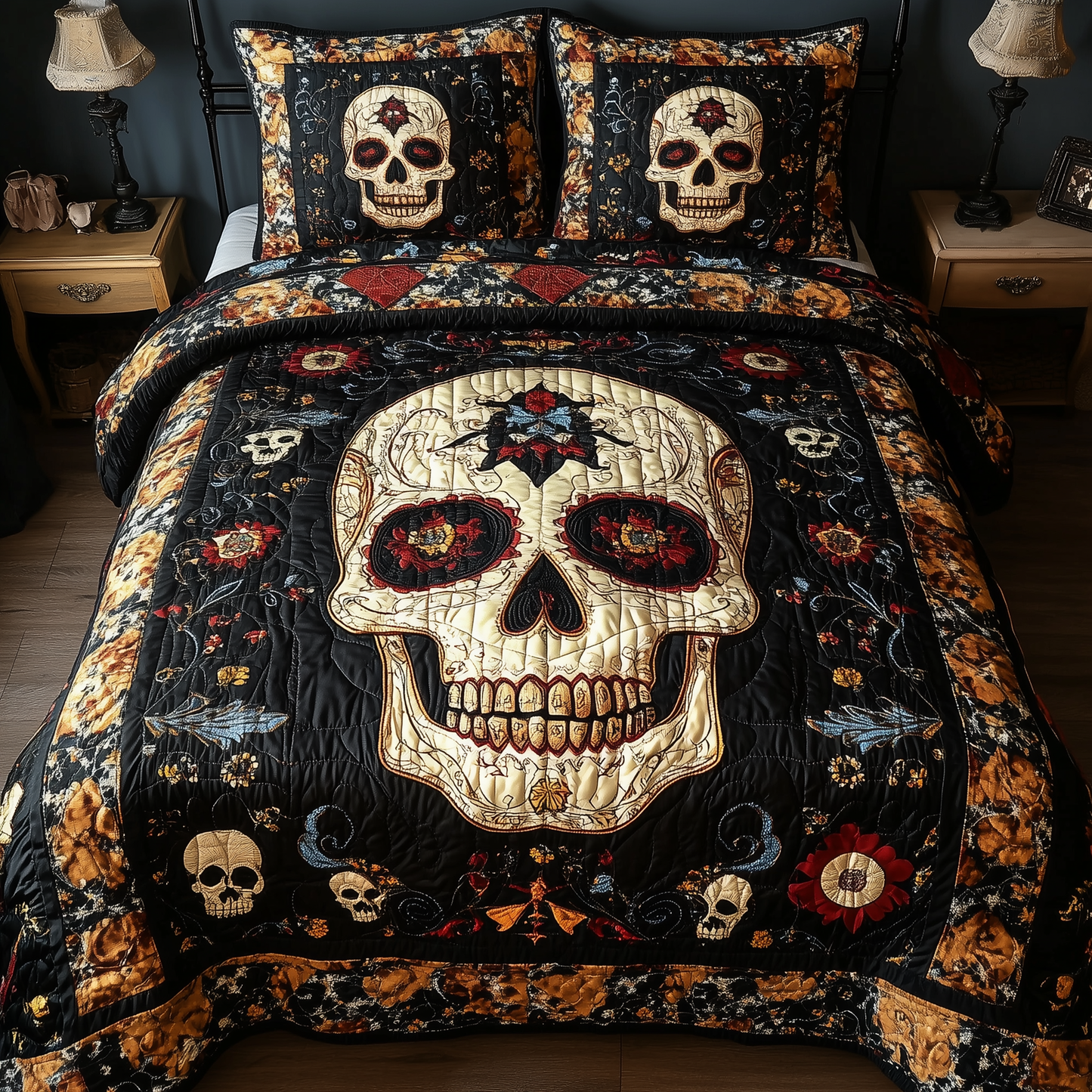 Vintage Bold Skull 3-Piece Quilted Bedding Set GFTONL1614