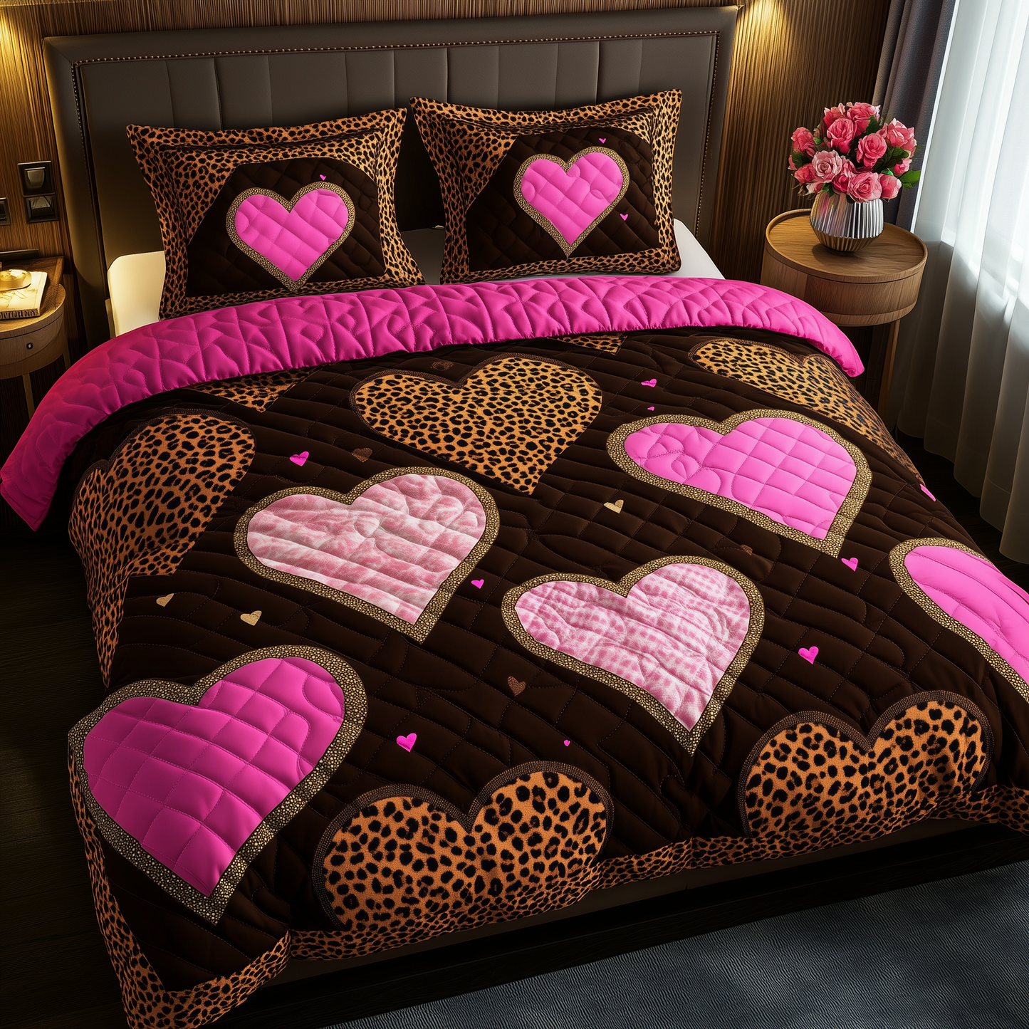 Pink Leopard Heart 3-Piece Quilted Bedding Set GFTONL1690