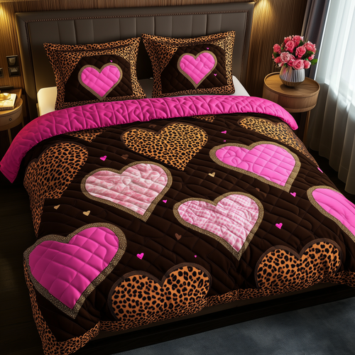 Pink Leopard Heart 3-Piece Quilted Bedding Set GFTONL1690