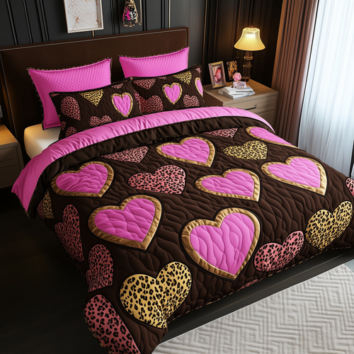 Pink Leopard Heart 3-Piece Quilted Bedding Set GFTONL1691