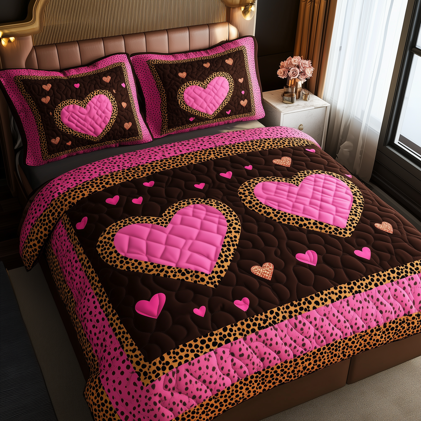 Pink Leopard Heart 3-Piece Quilted Bedding Set GFTONL1692