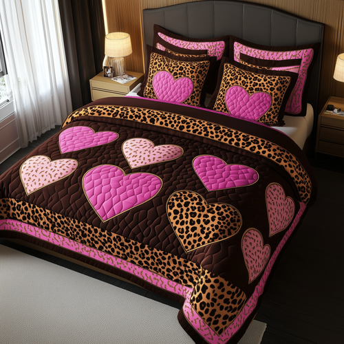 Pink Leopard Heart 3-Piece Quilted Bedding Set GFTONL1693