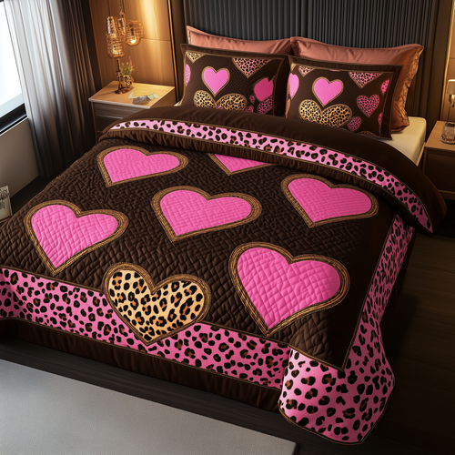 Pink Leopard Heart 3-Piece Quilted Bedding Set GFTONL1694