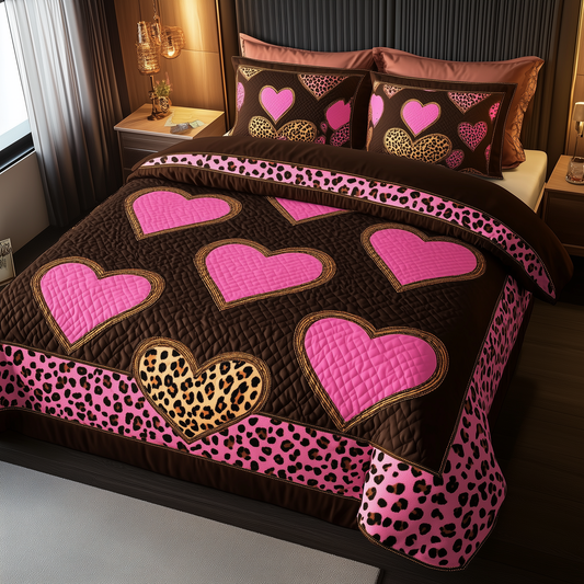 Pink Leopard Heart 3-Piece Quilted Bedding Set GFTONL1694
