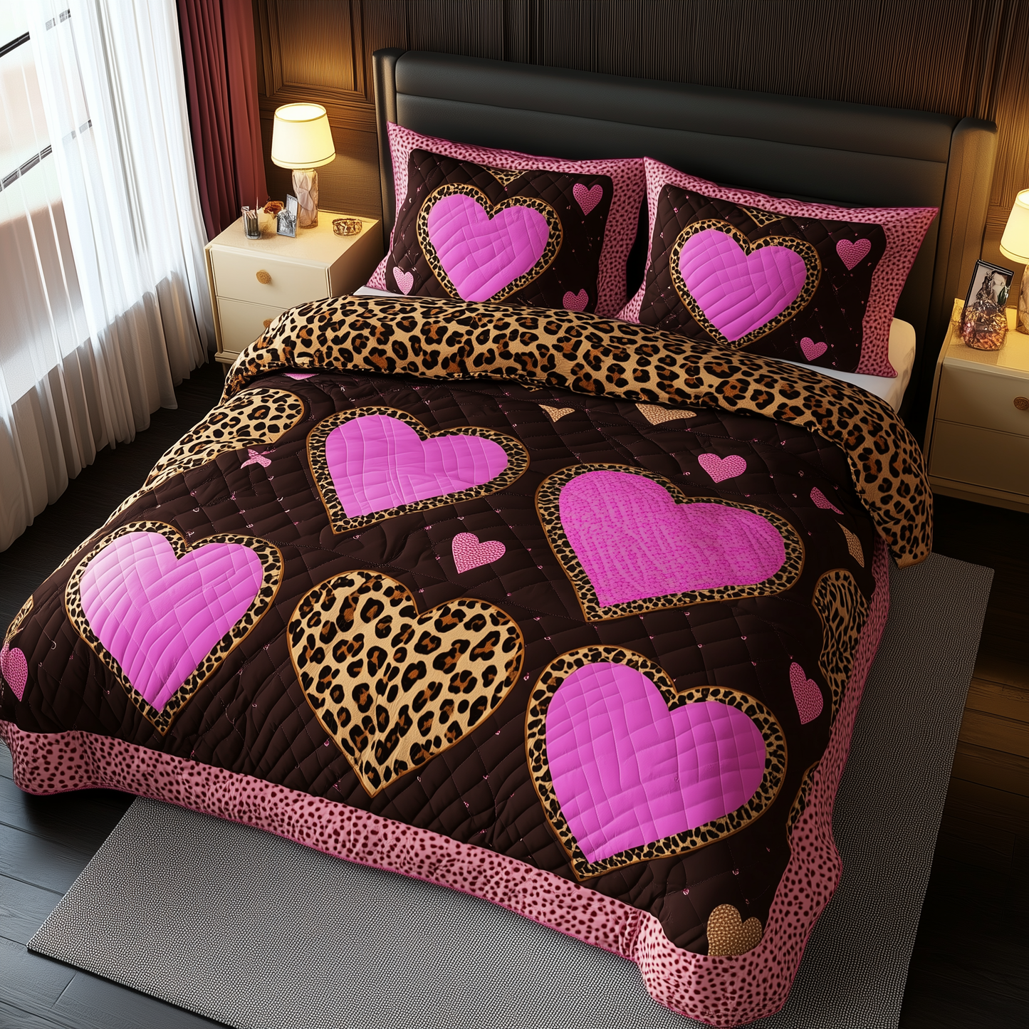 Pink Leopard Heart 3-Piece Quilted Bedding Set GFTONL1695