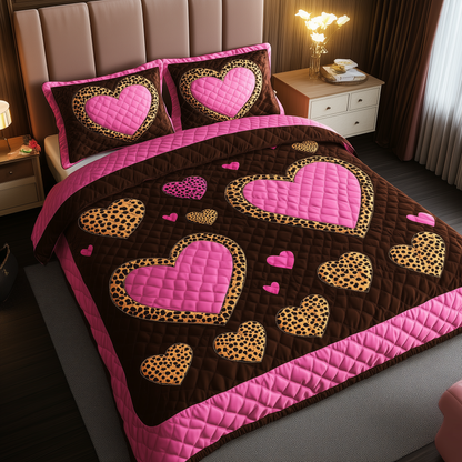 Pink Leopard Heart 3-Piece Quilted Bedding Set GFTONL1696