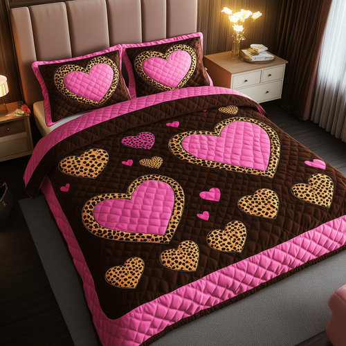 Pink Leopard Heart 3-Piece Quilted Bedding Set GFTONL1696