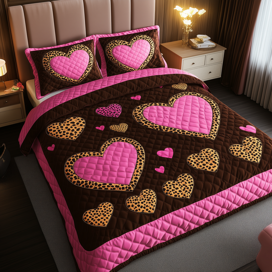 Pink Leopard Heart 3-Piece Quilted Bedding Set GFTONL1696