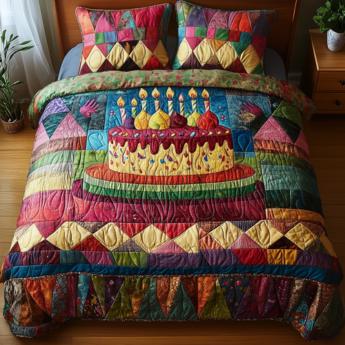 Vintage Birthday Cake 3-Piece Quilted Bedding Set GFTONL1824