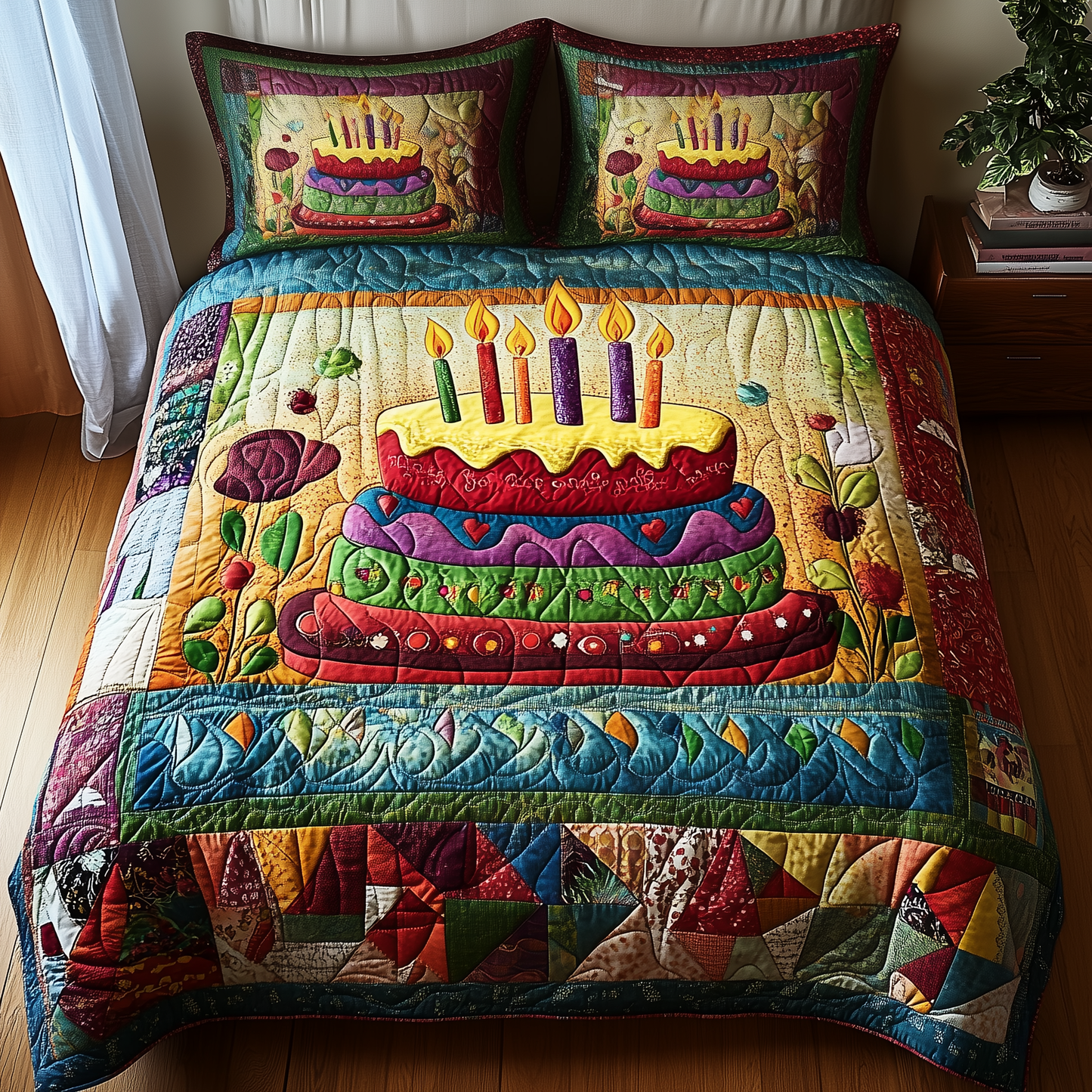 Vintage Birthday Cake 3-Piece Quilted Bedding Set GFTONL1827