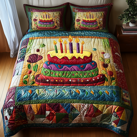 Vintage Birthday Cake 3-Piece Quilted Bedding Set GFTONL1827