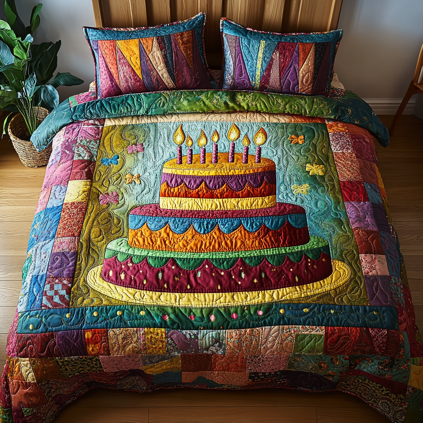 Vintage Birthday Cake 3-Piece Quilted Bedding Set GFTONL1829