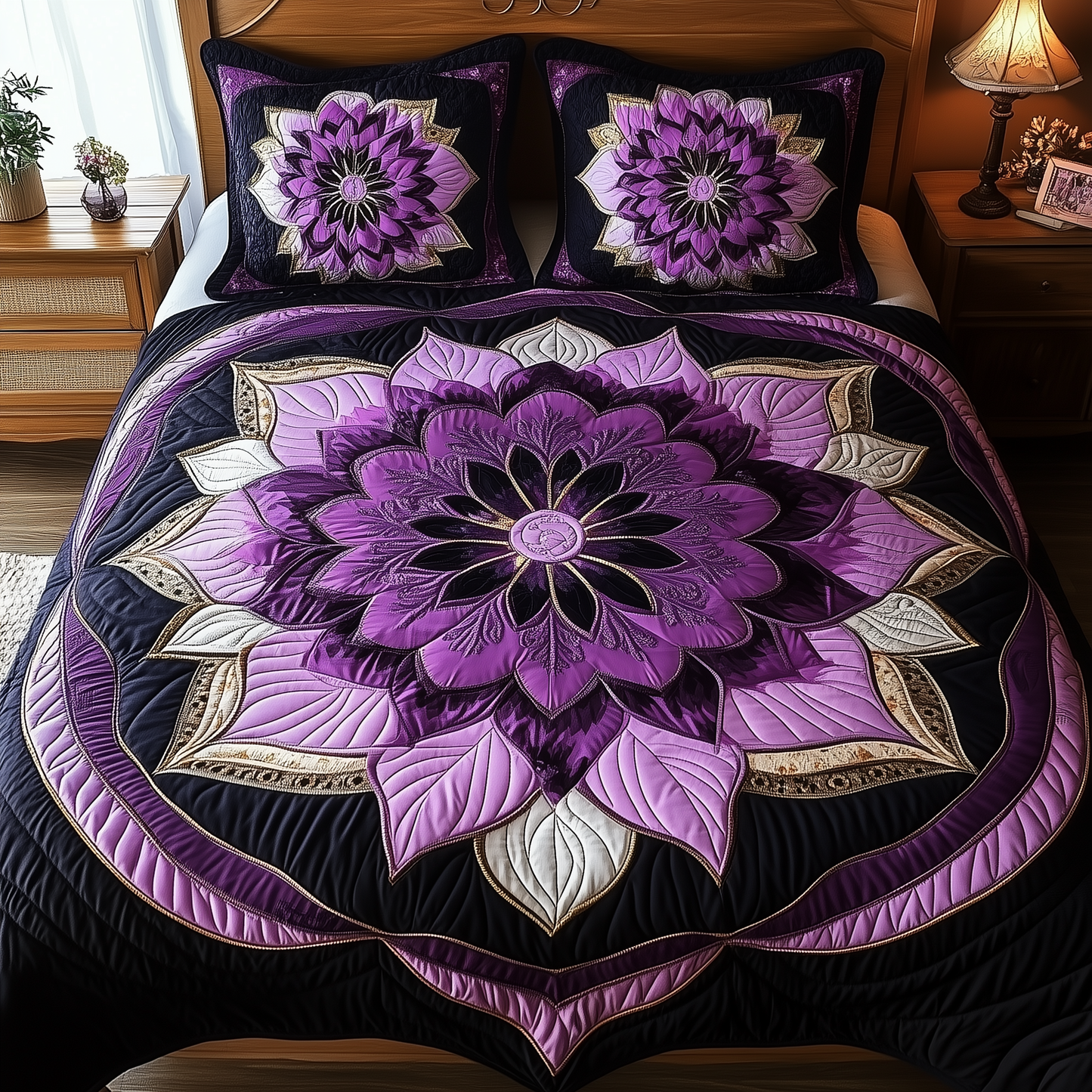 Dark Purple Flower 3-Piece Quilted Bedding Set GFTONL1877