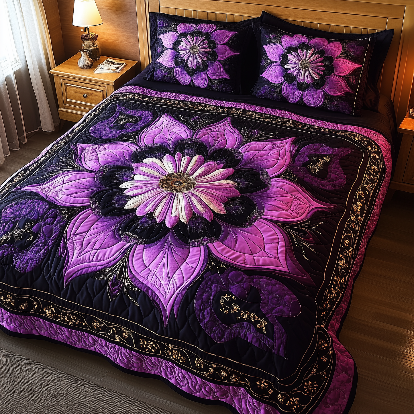 Dark Purple Flower 3-Piece Quilted Bedding Set GFTONL1878