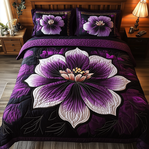 Dark Purple Flower 3-Piece Quilted Bedding Set GFTONL1879