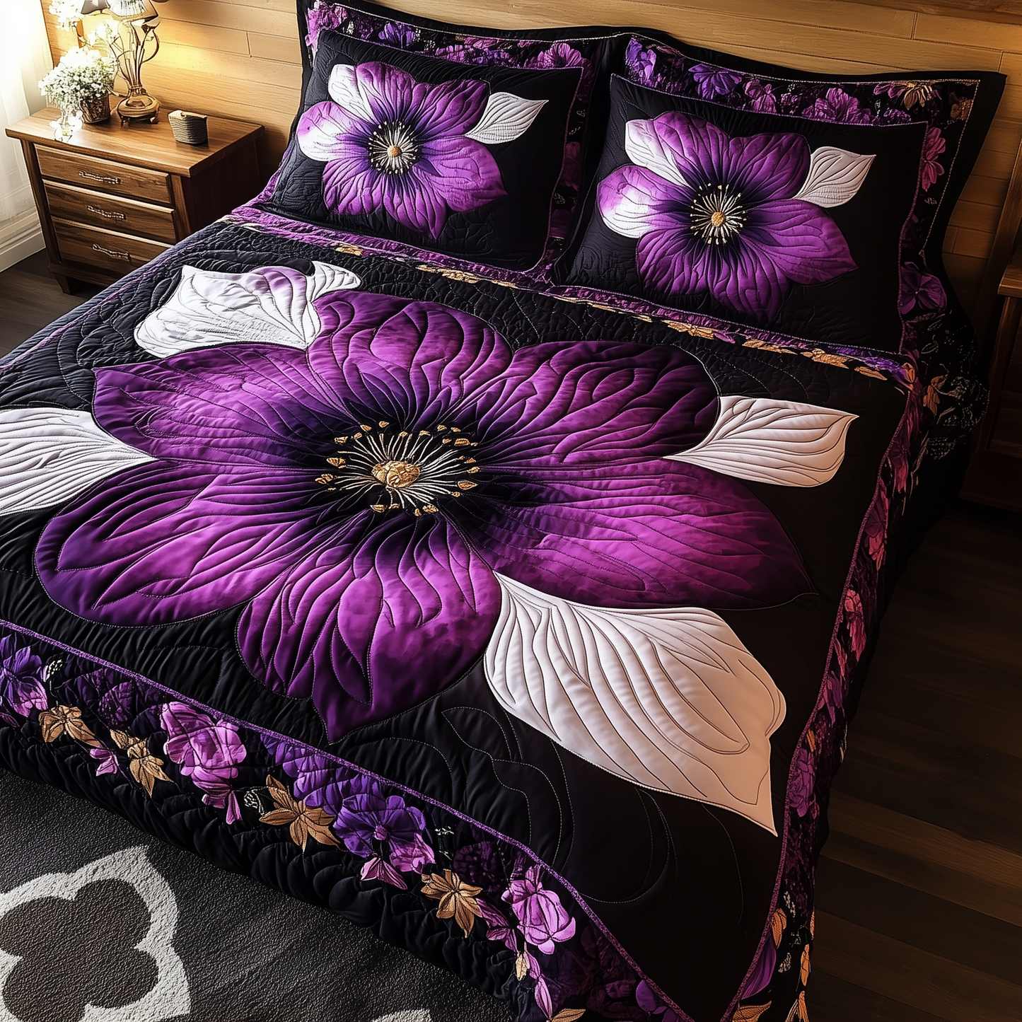 Dark Purple Flower 3-Piece Quilted Bedding Set GFTONL1880
