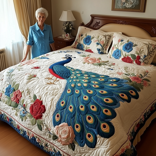 Royal Peacock 3-Piece Quilted Bedding Set GFTONL1905