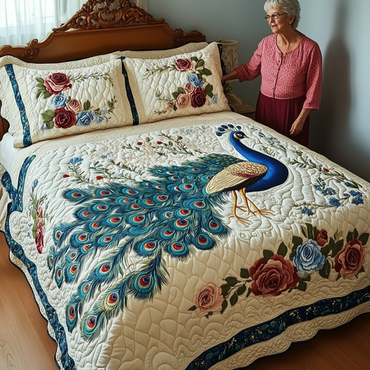 Royal Peacock 3-Piece Quilted Bedding Set GFTONL1909
