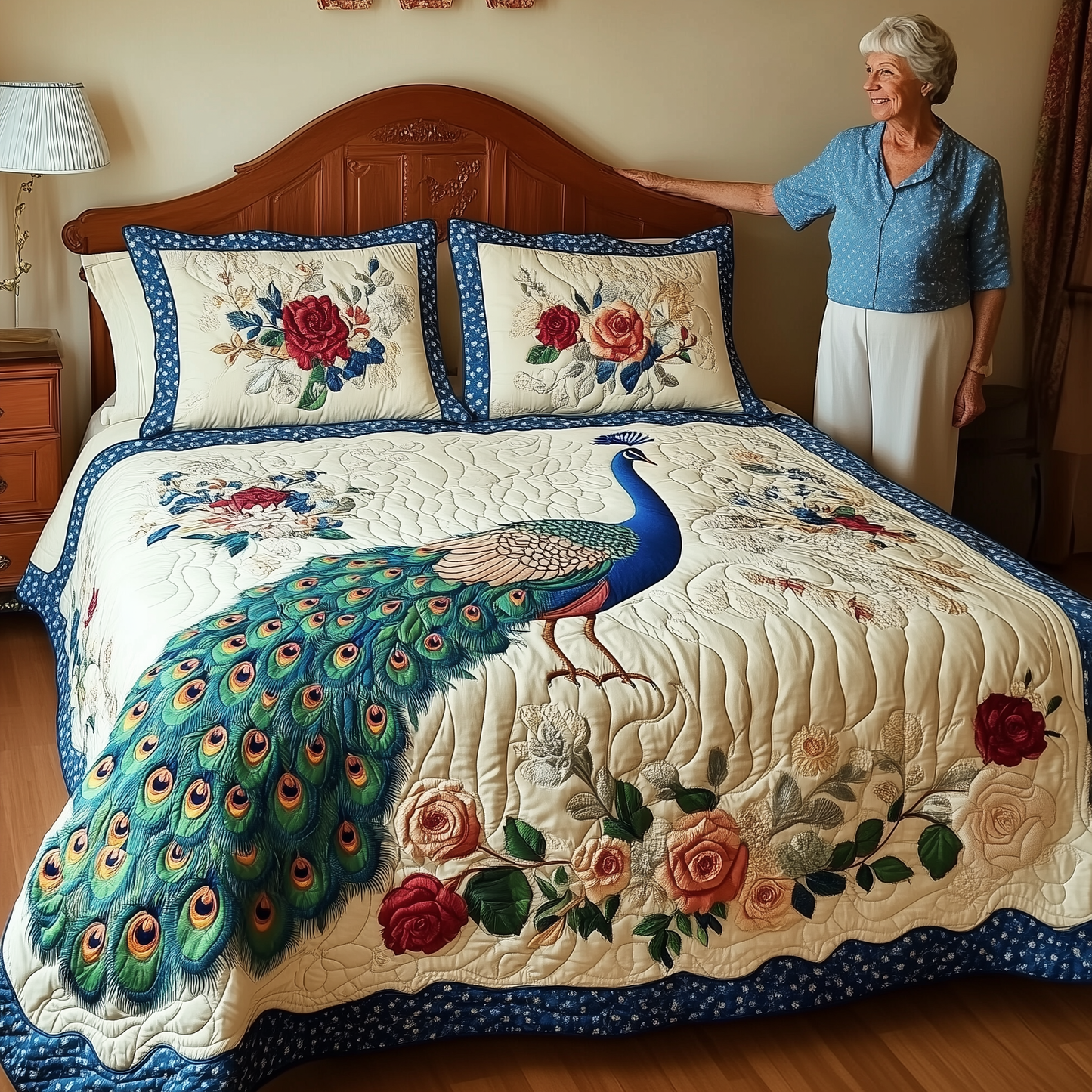 Royal Peacock 3-Piece Quilted Bedding Set GFTONL1911
