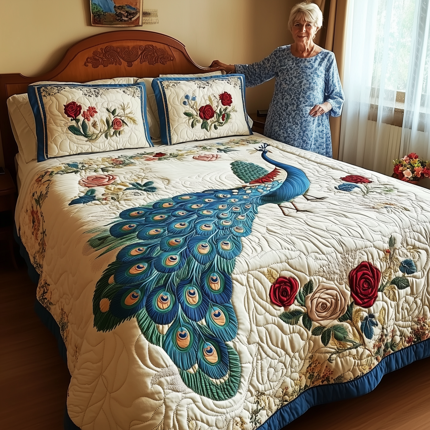 Royal Peacock 3-Piece Quilted Bedding Set GFTONL1913
