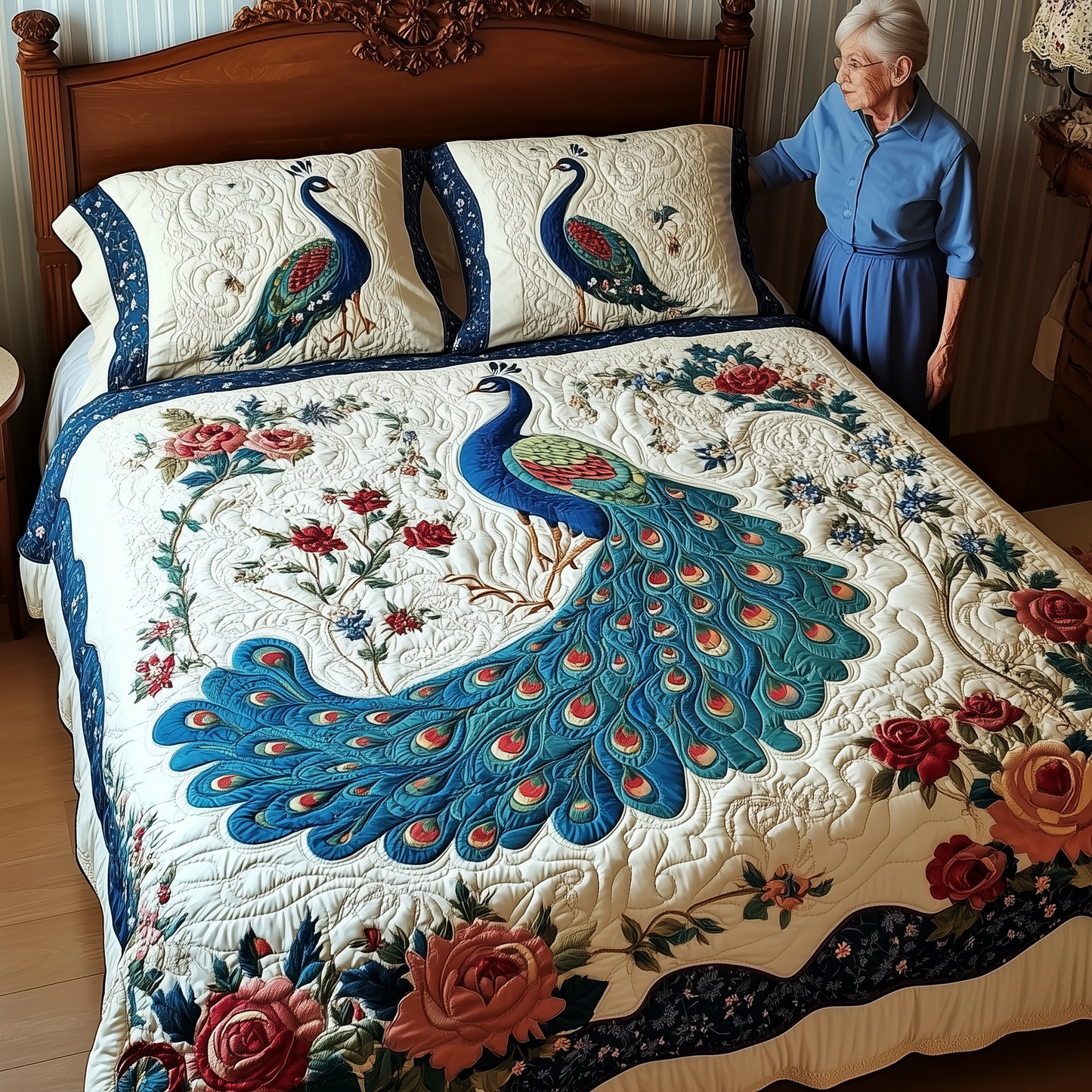 Royal Peacock 3-Piece Quilted Bedding Set GFTONL1915