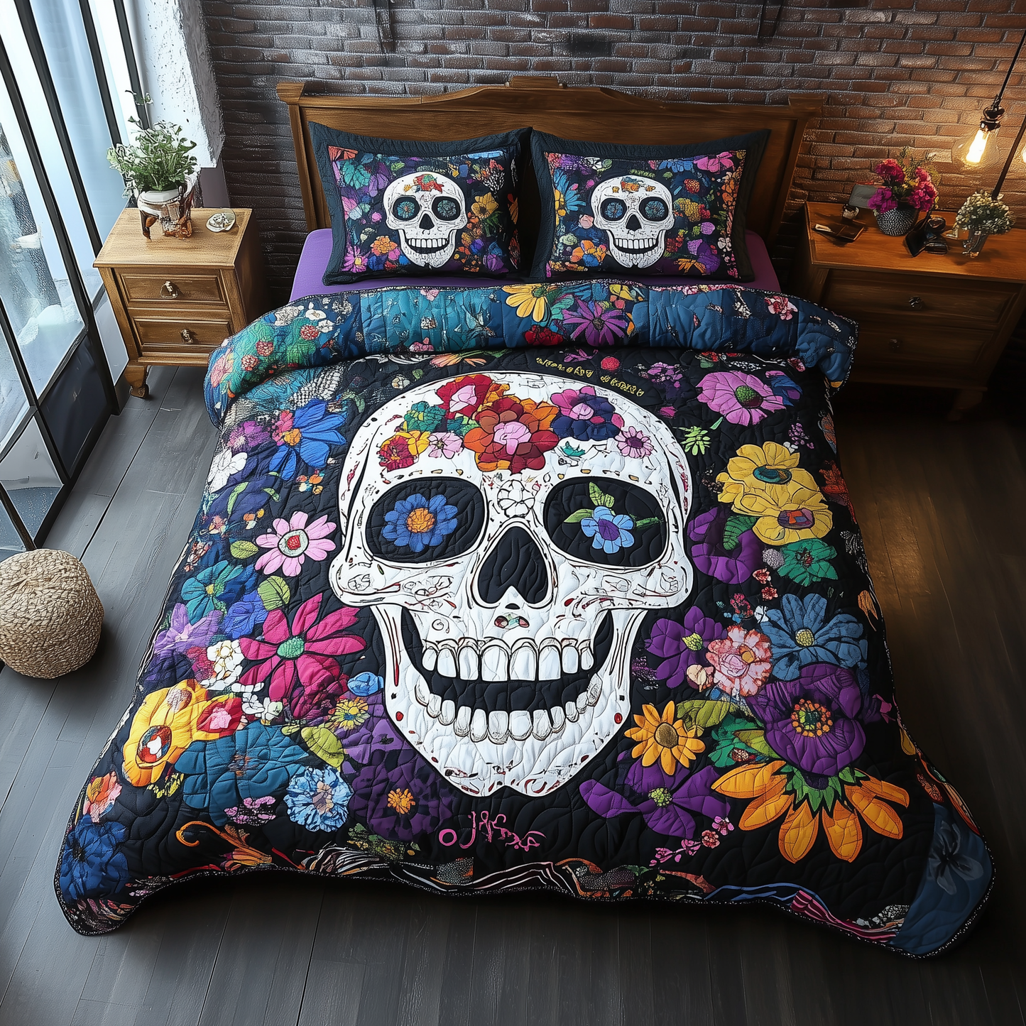 Floral Skull 3-Piece Quilted Bedding Set GFTONL1923