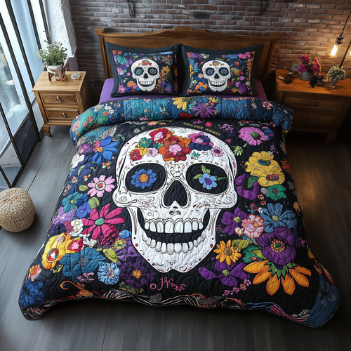 Floral Skull 3-Piece Quilted Bedding Set GFTONL1923