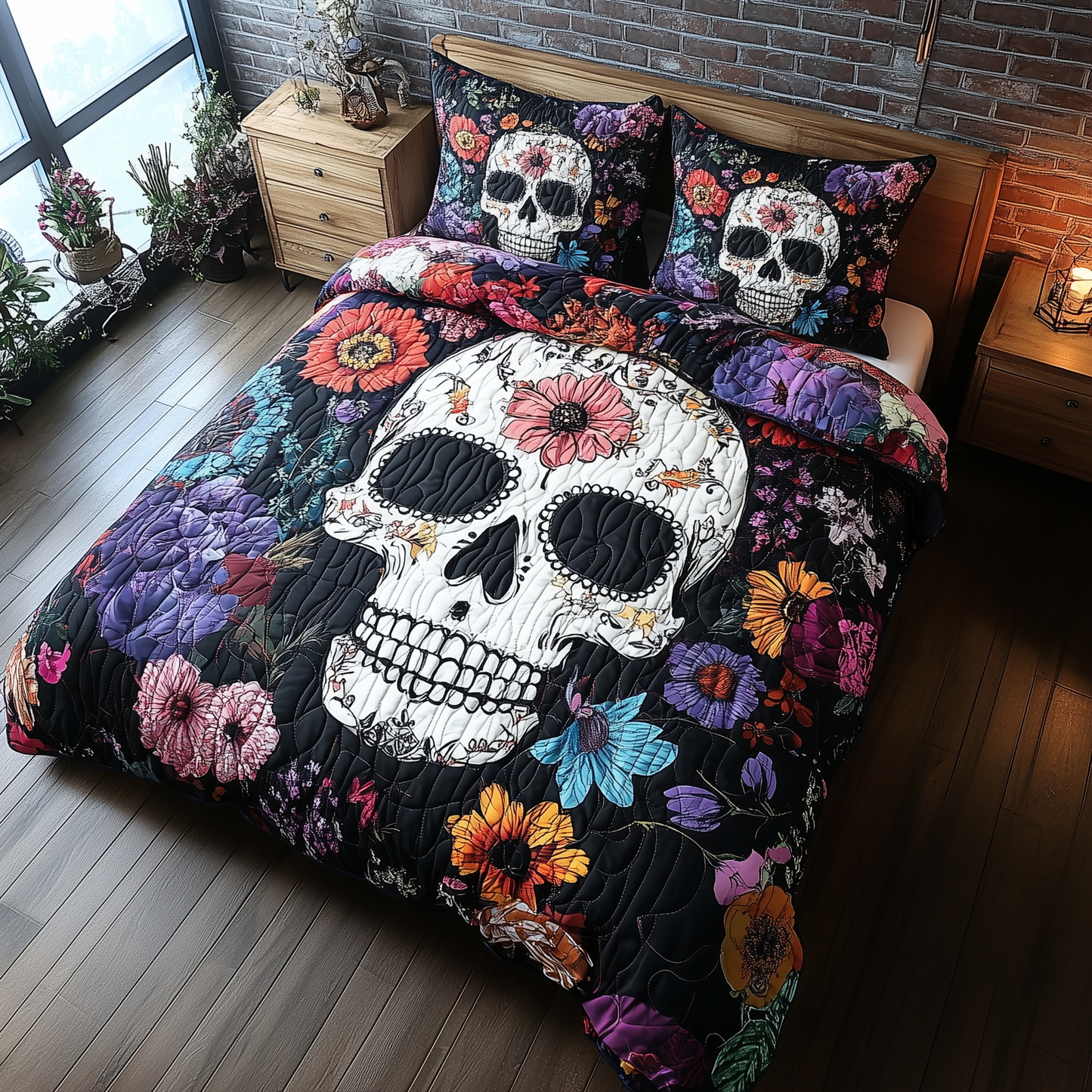 Floral Skull 3-Piece Quilted Bedding Set GFTONL1924