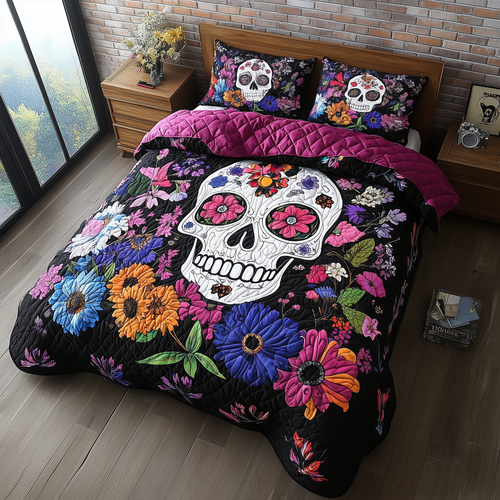 Floral Skull 3-Piece Quilted Bedding Set GFTONL1925