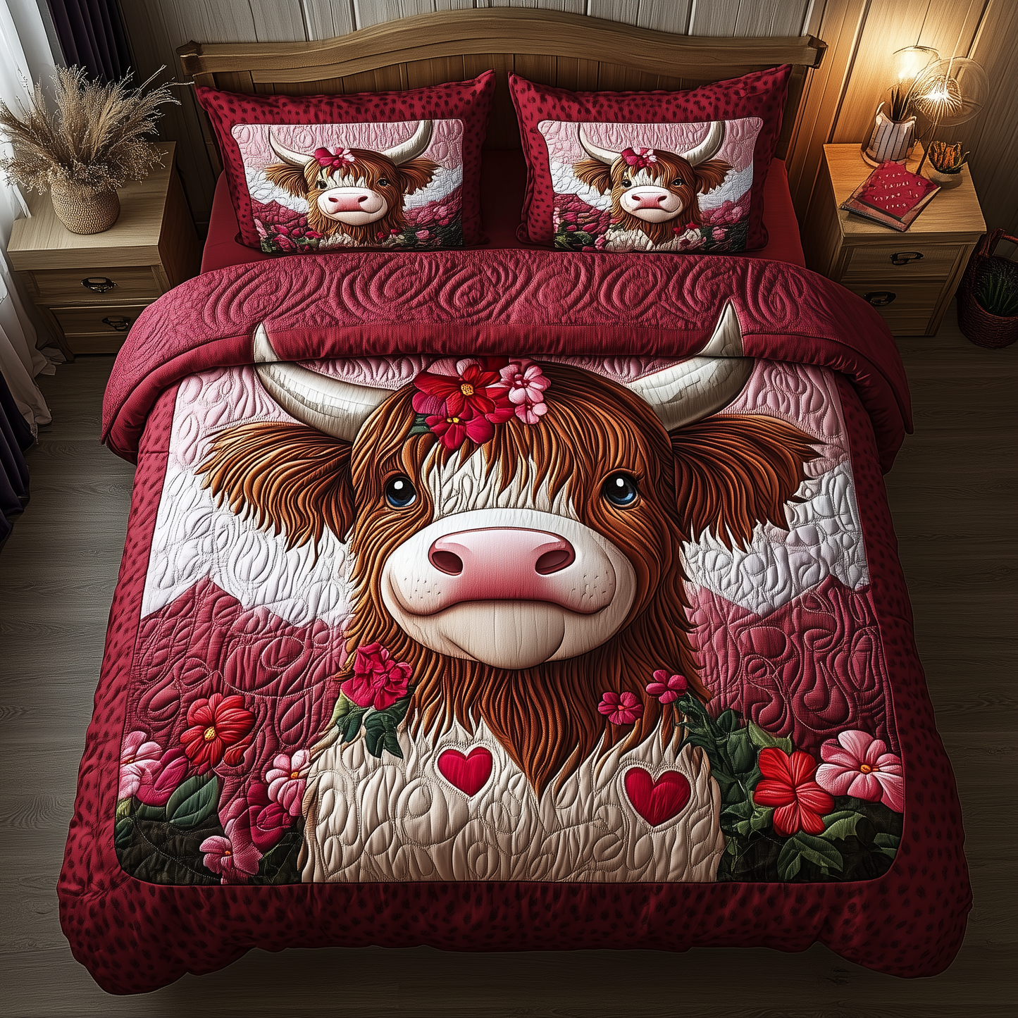Pinky Highland Cow 3-Piece Quilted Bedding Set GFTONL1937