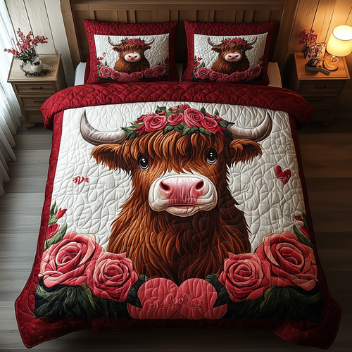 Pinky Highland Cow 3-Piece Quilted Bedding Set GFTONL1938