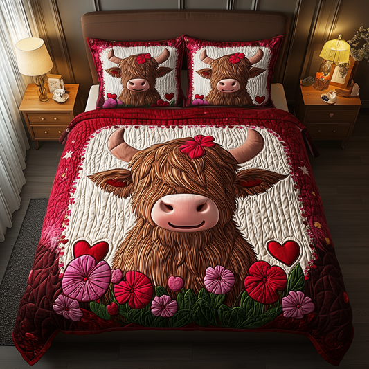 Pinky Highland Cow 3-Piece Quilted Bedding Set GFTONL1940
